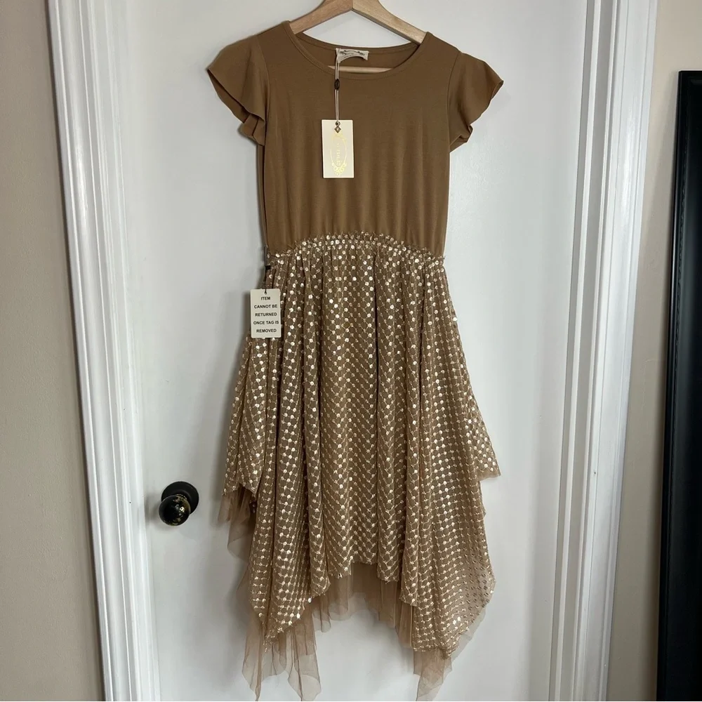 Joyfolie Girls Tina Dress Light Tan‎ Sparkle Boho Western Flowing Dress NWT, 10